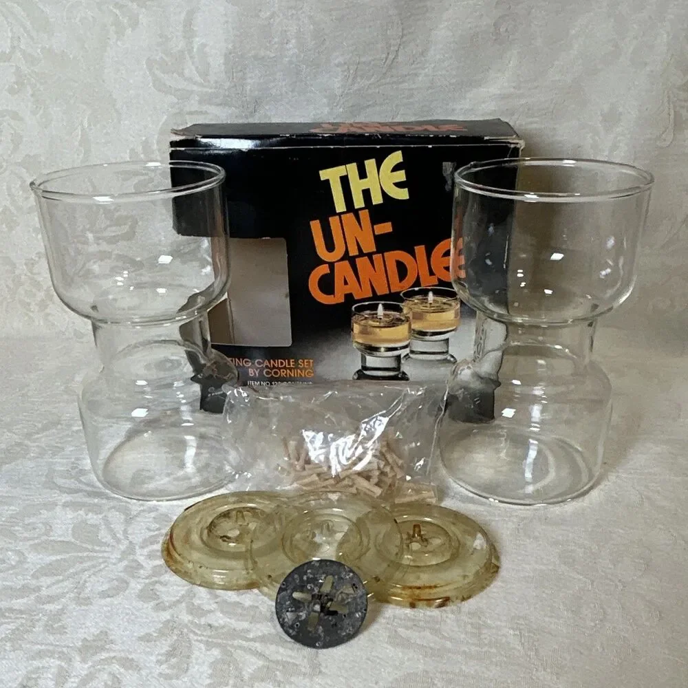 Vintage Corning The Un-Candle Floating Candle Set Item 120 Glass, Holders, Wicks